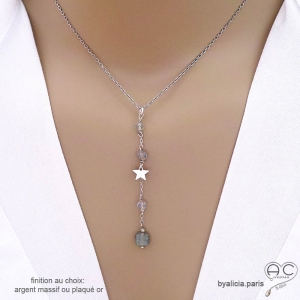 Collier cravate en labradorite et étoile argent, bijou femme pierre naturelle fait main en France