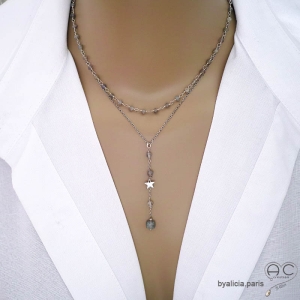 Collier pendentif long en labradorite et étoile argent massif création by Alicia Paris