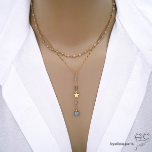 Collier pendentif long en labradorite et étoile plaqué or création by Alicia Paris