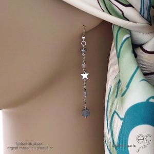 Boucles d'oreilles labradorite et étoile argent massif, bijoux femme pierre naturelle fait main en France