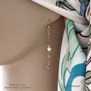 Boucles d'oreilles labradorite et étoile plaqué or, bijoux femme pierre naturelle fait main en France