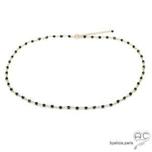 collier doré avec splinelle noire, pierre naturelle, fait main en France