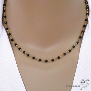 Collier spinelle noire et argent doré, ras de cou pierre naturelle, création by Alicia