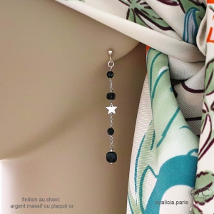 Boucles d'oreilles onyx noire et étoile argent, bijoux femme pierre naturelle fait main en France
