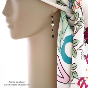 Boucles d'oreilles femme noires longues en agate noire et étoile argent création by Alicia Paris