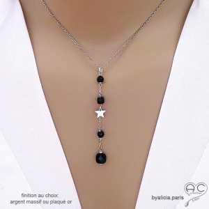 Collier cravate en onyx noire et étoile argent massif, bijou femme pierre naturelle fait main en France
