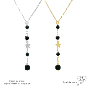 Collier cravate en onyx noire et étoile plaqué or ou argent, bijou femme élégant fait main, création by Alicia