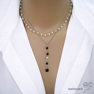 Collier pendentif long noir en agate noire et étoile argent création by Alicia Paris