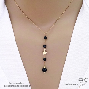 Collier cravate en onyx noire et étoile plaqué or, bijou femme pierre naturelle fait main en France