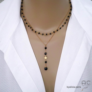 Collier pendentif long noir en agate noire et étoile plaqué or création by Alicia Paris