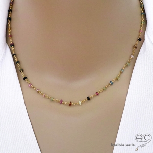 Collier tourmaline multicolore et argent doré, ras de cou pierre naturelle, création by Alicia