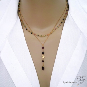 collier doré avec tourmaline multicolore, pierre naturelle, fait main en France