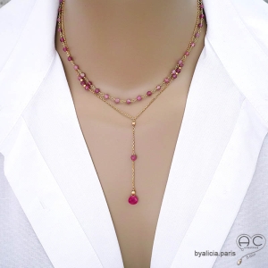 collier doré avec tourmaline rose, pierre naturelle, fait main en France