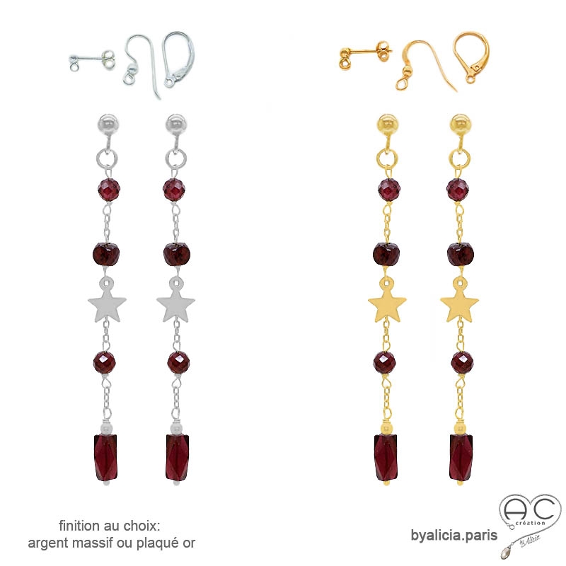Boucles d'oreilles en grenat et étoile plaqué or ou argent, fait main, création by Alicia Boucles d'oreilles en grenat et étoile plaqué or ou argent, fait main, création by Alicia