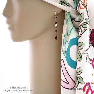 Boucles d'oreilles femme rouge bordeaux longues en grenat et étoile argent création by Alicia Paris