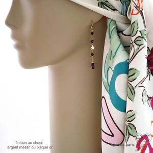 Boucles d'oreilles femme rouge bordeaux longues en grenat et étoile dorée création by Alicia Paris