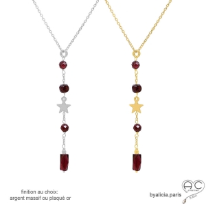 Collier cravate en grenat et étoile plaqué or ou argent, bijou femme élégant fait main, création by Alicia
