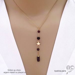 Collier cravate en grenat et étoile plaqué or, bijou femme pierre naturelle fait main en France