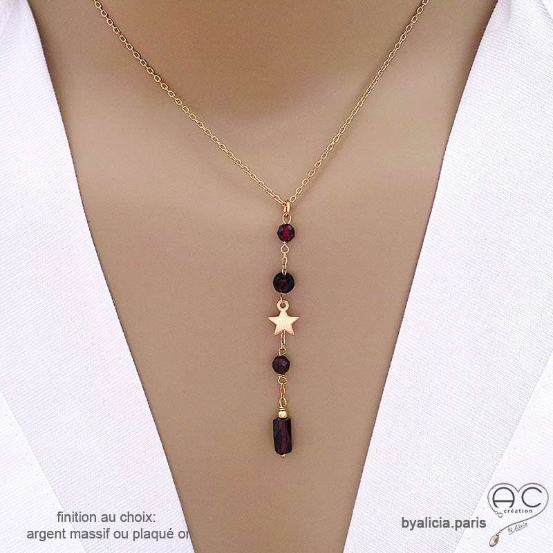 Collier cravate en grenat et étoile plaqué or, bijou femme pierre naturelle fait main en France Collier cravate en grenat et étoile plaqué or, bijou femme pierre naturelle fait main en France