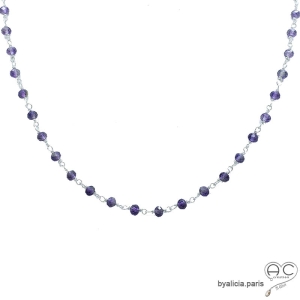 collier argent et améthyste, ras de cou femme violet en pierre naturelle, fait main en France