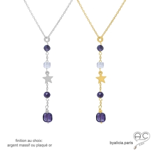 Collier cravate en améthyste et étoile plaqué or ou argent, bijou femme élégant fait main, création by Alicia