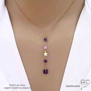 Collier cravate en améthyste et étoile plaqué or, bijou femme pierre naturelle fait main en France