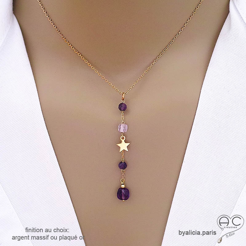 Collier cravate en améthyste et étoile plaqué or, bijou femme pierre naturelle fait main en France Collier cravate en améthyste et étoile plaqué or, bijou femme pierre naturelle fait main en France