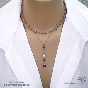 Collier pendentif long violet en améthyste et étoile plaqué or création by Alicia Paris