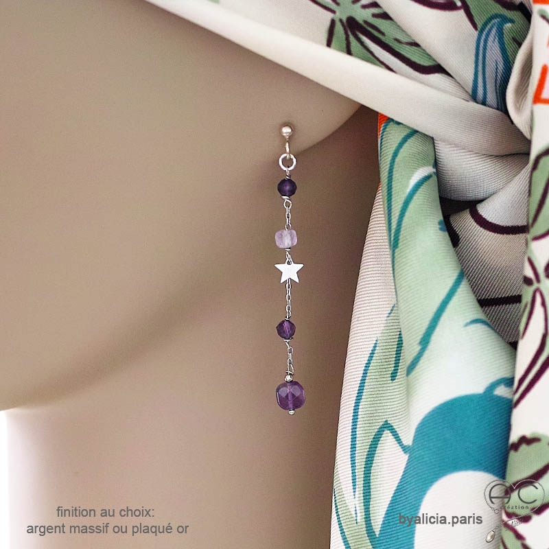 Boucles d'oreilles améthyste et étoile argent, bijoux femme pierre naturelle fait main en France