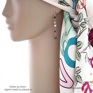 Boucles d'oreilles femme longues en améthyste violet et étoile argent création by Alicia Paris