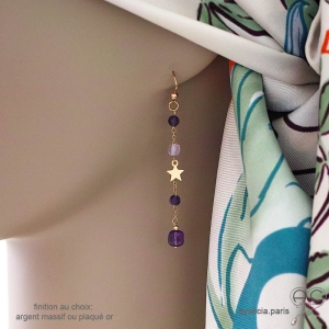 Boucles d'oreilles améthyste et étoile plaqué or, bijoux femme pierre naturelle fait main en France