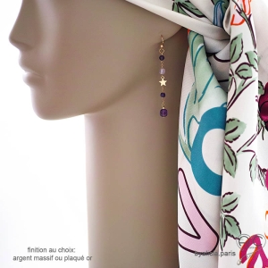 Boucles d'oreilles femme longues en améthyste violet et étoile dorée création by Alicia Paris
