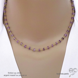 Collier améthyste et argent doré, ras de cou pierre naturelle, création by Alicia