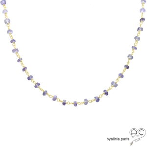 collier argent doré et améthyste, ras de cou femme violet en pierre naturelle, fait main en France
