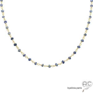 collier argent doré et iolite saphir d'eau, ras de cou femme bleu en pierre naturelle, fait main en France