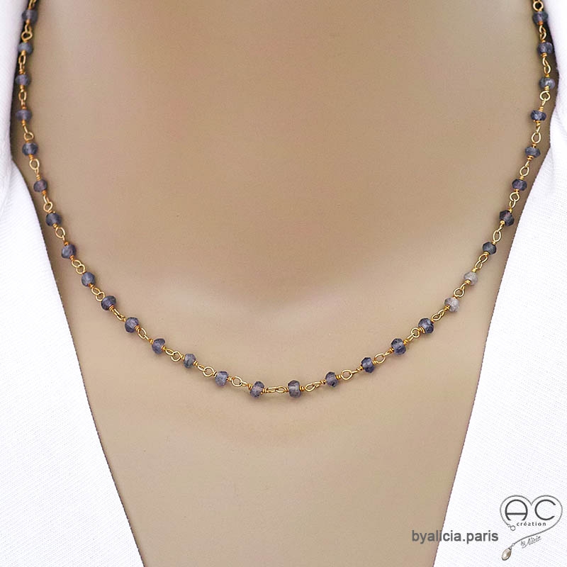 Collier iolite (saphir d'eau) et argent doré, ras de cou pierre naturelle, création by Alicia