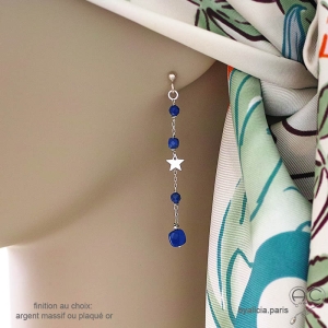 Boucles d'oreilles lapis-lazuli et étoile argent massif, bijoux femme pierre naturelle fait main en France