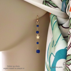 Boucles d'oreilles lapis-lazuli et étoile plaqué or, bijoux femme pierre naturelle fait main en France