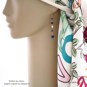 Boucles d'oreilles bleues femme longues en lapis-lazuli et étoile dorée création by Alicia Paris