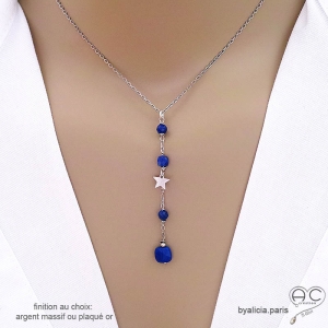 Collier cravate en lapis-lazuli et étoile argent, bijou femme pierre naturelle bleue fait main en France
