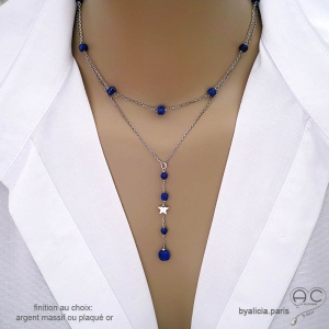 Collier pendentif long bleu en lapis-lazuli et étoile argent massif création by Alicia Paris