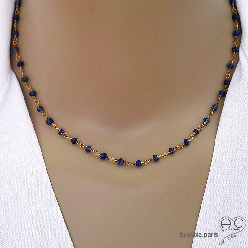 Collier lapis-lazuli et argent doré, ras de cou pierre naturelle, création by Alicia