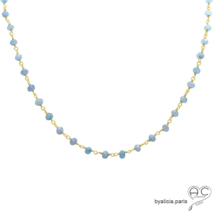 Collier calcédoine bleue et argent doré, ras de cou pierre naturelle, création by Alicia