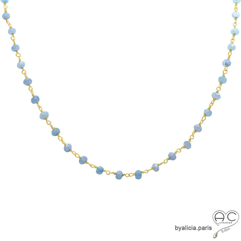 Collier calcédoine bleue et argent doré, ras de cou pierre naturelle, création by Alicia