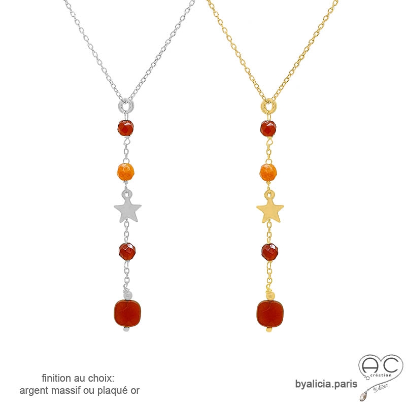 Collier cravate en cornaline et étoile plaqué or ou argent, bijou femme élégant fait main, création by Alicia