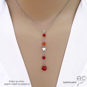 Collier cravate en cornaline et étoile argent massif, bijou femme pierre naturelle orange fait main en France