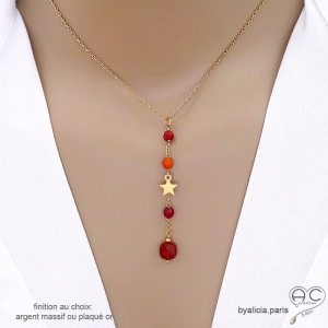 Collier cravate en cornaline et étoile plaqué or, bijou femme pierre naturelle orange fait main en France