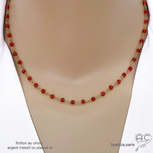 collier argent doré et cornaline, ras de cou femme orange en pierre naturelle, fait main en France