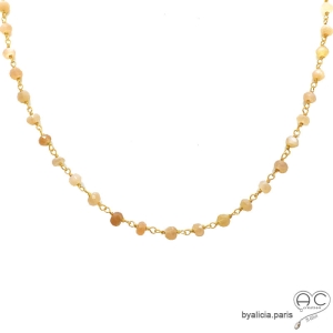 collier argent doré et pierre de soleil, ras de cou femme orange claire en pierre naturelle, fait main en France