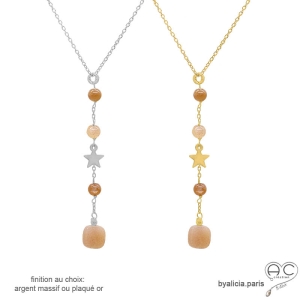 Collier cravate en pierre de soleil et étoile plaqué or ou argent, bijou femme élégant fait main, création by Alicia